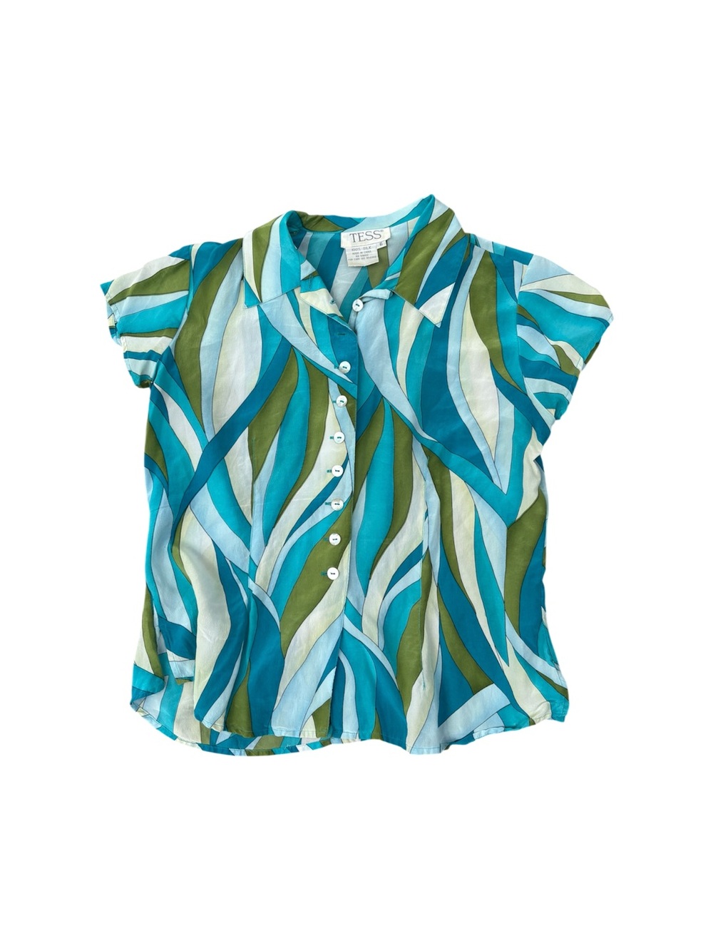 Tess Vintage 100% Silk Teal & Green Abstract Print Button Front Top